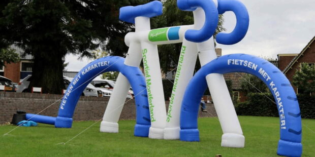 Modern inflatable advertising structure made from durable materials with integrated air blower technology