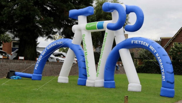 Modern inflatable advertising structure made from durable materials with integrated air blower technology